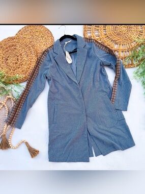 Light Blue Women's Long Blazer Coat with Plaid Trim NWT 💙🎃🧡